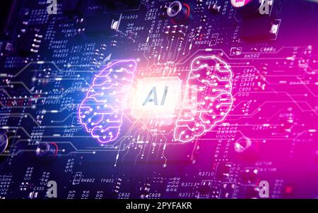 Ai concept d'intelligence artificielle, gros plan du microprocesseur avec interface ai brillant sur fond d'ordinateur électronique de carte mère. Banque D'Images