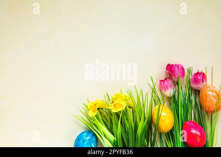 Œufs de pâques colorés avec fleurs et herbe verte. Les œufs de Pâques disparaissent sur fond jaune clair. . Vacances de Pâques, concept de chasse aux œufs Banque D'Images