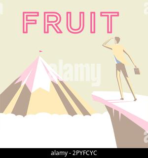 Légende conceptuelle fruit. Mot écrit sur le produit doux et charnel d'un arbre ou d'une autre plante qui contient des semences Banque D'Images