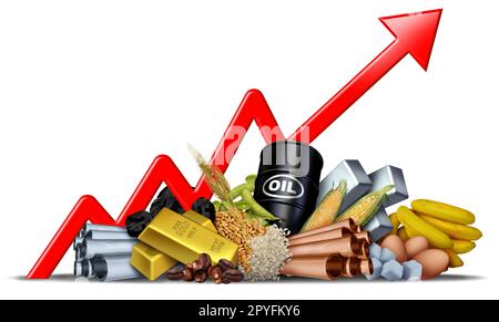 Hausse des prix des matières premières et hausse des prix des matières premières ou augmentation des biens économiques et des ressources naturelles comme marché boursier se négociant sous forme de café de pétrole brut Banque D'Images