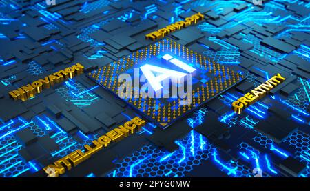 Composition conceptuelle du processeur avec le logo ai sur la carte de circuit imprimé. 3D rendu. Banque D'Images