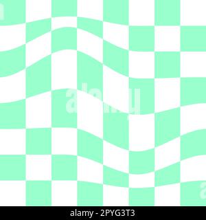 Motif psychédélique avec carrés verts et blancs déformés. Arrière-plan du jeu d'échecs déformé. Illusion optique à carreaux. Texture plaid ou drapeau. Étourdi Illustration de Vecteur