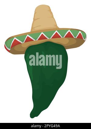 Piment vert avec sombrero ou chapeau de charro aux couleurs mexicaines. Conception isolée de style dessin animé. Illustration de Vecteur