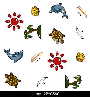 ensemble de motif de mer, kit de marine sur fond blanc, dessiné à la main, parfait pour la conception de cartes postales, livrets, vêtements, vaisselle Banque D'Images