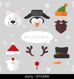 Stand de photo de Noël et ensemble de vecteur de scrapbooking - ours polaire, pingouin, orf, père Noël, cerf, bonhomme de neige. Masques de fête rétro. Illustration de Vector EPS10. Banque D'Images