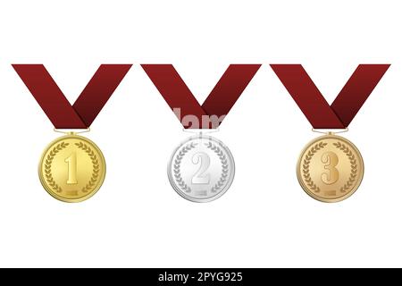 Médailles d'or, d'argent et de bronze vectorielles avec rubans rouges isolés sur fond blanc. Le premier, le deuxième et le troisième prix. Vector EPS10 illust Banque D'Images