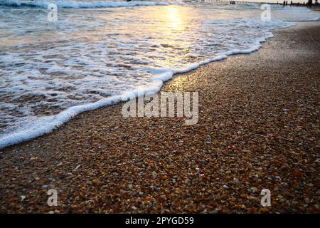 Les vagues mousseuses roulent sur le rivage sablonneux. Coucher de soleil sur la mer. Magnifique coucher de soleil. Lieu touristique, station balnéaire. Les rayons du soleil sont réfléchis par l'eau. Plage de sable fin le soir avec coquillages à l'heure d'or Banque D'Images