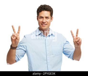 HES a obtenu une expression pour chaque occasion. Photo studio de jeune homme beau et expressif isolé sur blanc. Banque D'Images