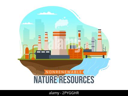 Illustration des sources d'énergie non renouvelables avec les carburants nucléaires, pétroliers, pétroliers, de gaz naturel ou de charbon en modèles tirés à la main Banque D'Images