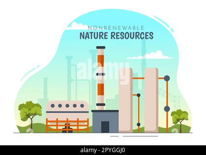 Illustration des sources d'énergie non renouvelables avec les carburants nucléaires, pétroliers, pétroliers, de gaz naturel ou de charbon en modèles tirés à la main Banque D'Images