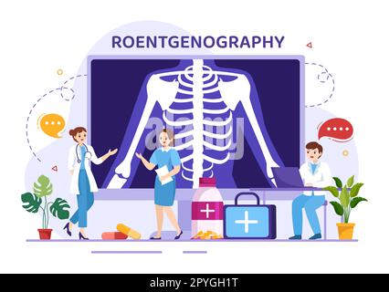 Roentgenography Illustration avec procédure de vérification du corps de fluorographie, radiographie ou Roentgen dans les soins de santé modèles de dessin à la main de dessin de dessin à plat Banque D'Images