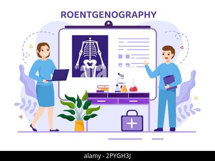 Roentgenography Illustration avec procédure de vérification du corps de fluorographie, radiographie ou Roentgen dans les soins de santé modèles de dessin à la main de dessin de dessin à plat Banque D'Images