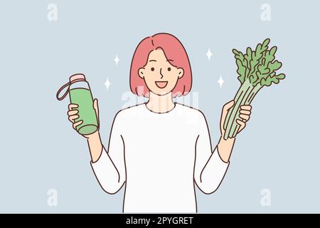 Une femme souriante tient des légumes frais et une bouteille de jus. Bonne fille suivre une vie saine. Alimentation et nutrition. Illustration vectorielle. Banque D'Images