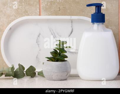 Conteneur en plastique blanc avec pompe pour produits liquides. Contenant pour cosmétiques, savon, crème Banque D'Images