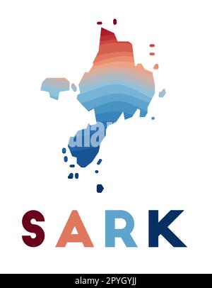 Carte Sark. Carte de l'île avec de belles vagues géométriques dans les couleurs rouge et bleu. Forme éclatante de Sark. Illustration vectorielle. Illustration de Vecteur