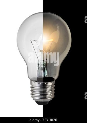 Ampoule allumée et éteinte sur fond blanc, concept inspiration Banque D'Images
