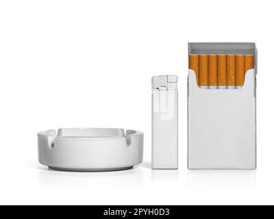 Paquet de cigarettes, cendrier et briquets isolés sur fond blanc Banque D'Images