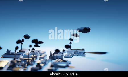 Pollution de l'air, fumée sortant des usines. Rendu numérique 3D faible poly. Banque D'Images