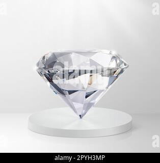 Un diamant éclatant sur un podium blanc brillant. concept socle éclairé par des spots sur fond blanc Banque D'Images