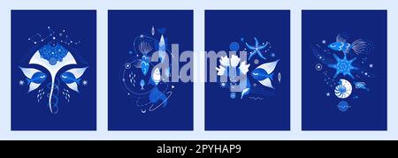 Ensemble d'illustrations vectorielles de créatures cosmiques sous-marines. La vie marine est décorée de constellations, d'étoiles, de planètes. Magic Space Sea desseins pour pos Banque D'Images