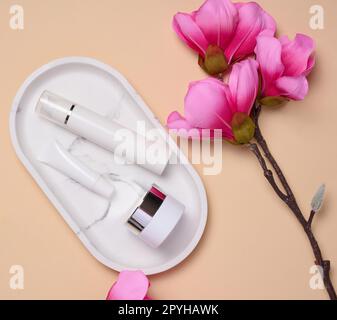 Baignoire en plastique blanc, pot sur un support en marbre et bouquet de magnolia rose, vue du dessus. Banque D'Images