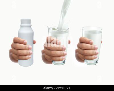 main avec un verre de lait et une bouteille de lait sur fond blanc Banque D'Images