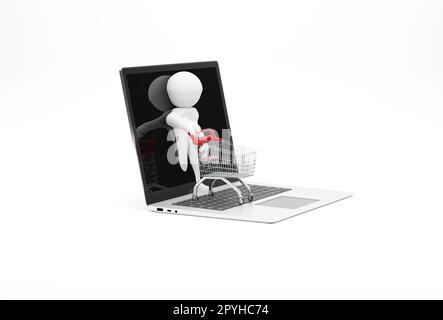 Petit personnage avec un panier sur un ordinateur portable Banque D'Images