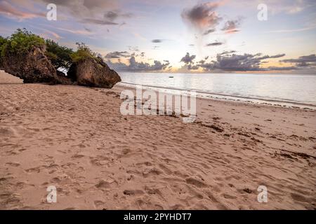 Cette photo à couper le souffle capture la beauté d'un lever de soleil sur la plage de Diani au Kenya. Les teintes orange et jaune vives des rayons du soleil illuminent le Banque D'Images