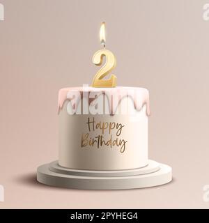 Un an. Vector anniversaire anniversaire gâteau sucré. Carte de voeux, bannière avec bougie d'anniversaire d'or brûlant réaliste 3d, nombre, flamme. Modèle de conception d'icône pour le concept d'anniversaire. Vue de face Banque D'Images
