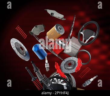 Pièces de rechange de performance de voiture flottante sur fond rouge. 3D illustration. Banque D'Images