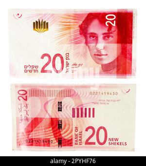 Fermeture de vingt billets de shekels israéliens Banque D'Images