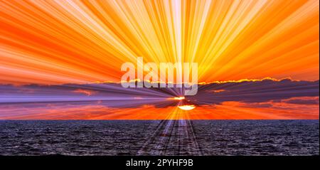 Un coucher de soleil sur l'océan avec des rayons du soleil émanant de l'arrière des nuages bannière inspirante Banque D'Images