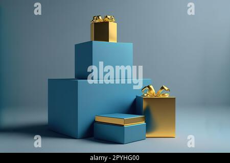 podium bleu avec boîtes cadeaux bleues et ruban doré sur studio bleu, concept minimal, vitrine pour le produit Banque D'Images