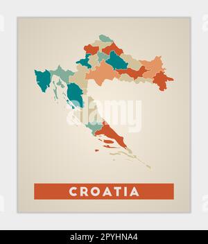 Affiche Croatie. Carte du pays avec des régions colorées. Forme de Croatie avec nom de pays. Magnifique illustration vectorielle. Illustration de Vecteur