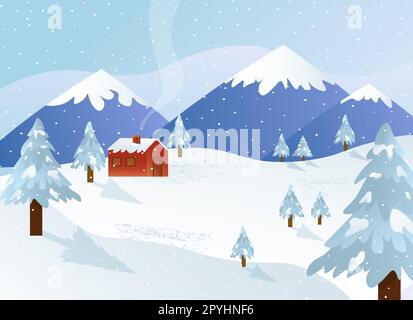 Paysage d'hiver. Maison sur fond de montagnes, de déneigeuses, d'arbres. Illustration vectorielle plate. Illustration de Vecteur