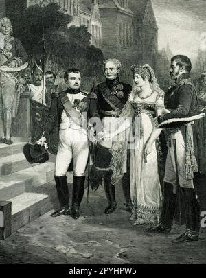 Cette image d'un numéro de 1896 du magazine Century montre que Napoléon reçoit la reine de Prusse à Tilst sur 6 juillet 1807. C'est à partir d'un tableau de Nicolas-Louis-François Gosse qui se trouve dans le musée de Versailles gravé par Peter Aitken. Banque D'Images