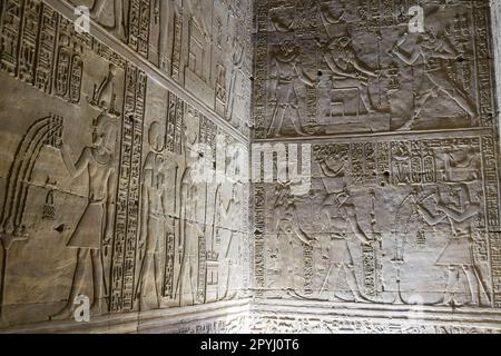 Reliefs sur les murs intérieurs du temple d'Edfu en Égypte Banque D'Images