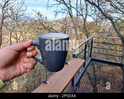 Café ou infusion de thé avec du lait pour se réveiller le matin avec de la caféine pour prendre le sommeil à l'aube pour commencer la journée avec de l'énergie Banque D'Images