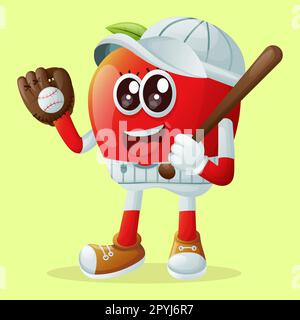 Adorable personnage de pomme jouant au baseball. Idéal pour les enfants, la marchandise et l'autocollant, la promotion de bannière ou le blog Illustration de Vecteur