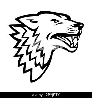 Illustration d'une mascotte sportive représentant la tête d'un loup en colère ou d'un chien sauvage qui grogne sur un fond isolé, dans un style rétro noir et blanc. Banque D'Images