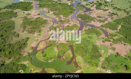 Prise de vue aérienne des terres humides du Pantanal typique paysage avec lagons, forêt, prairies, rivière, champs, Mato Grosso, Brésil Banque D'Images