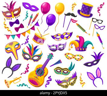 Masques de carnaval, costumes et instruments de musique du Brésil. Mascarade brésilienne ou attributs justes avec masque de plume de vecteur de dessin animé, feux d'artifice, ballons Illustration de Vecteur