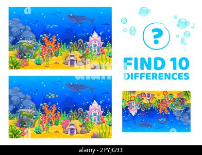 Découvrez dix différences de dessins animés mer paysage sous-marin avec des bâtiments de conte de fées maison. Feuille de travail de jeu vectoriel pour enfants avec dessin animé mermaid fantasy habitation Illustration de Vecteur