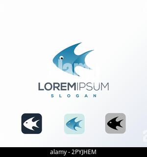 Modèle de logo FISH. Icône de concept de logotype de magasin de restaurant de fruits de mer. Poisson aux vagues et aux éclaboussures d'eau Illustration de Vecteur