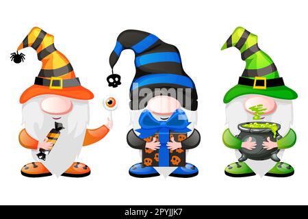 Nains de dessin animé avec les bonbons, le cadeau et le pot. Personnages leprechun d'Halloween Illustration de Vecteur