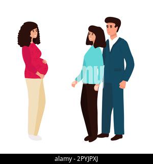 Couple avec femme enceinte porteuse. Illustration vectorielle style de dessin animé plat avec lettrage dessiné à la main. Parents adoptifs. Recours aux mères porteuses. EPS10 Illustration de Vecteur