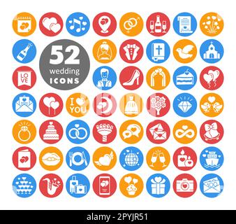 Mariage, mariage, mariage isolé mariage glyphe Icon Set. Illustration vectorielle, éléments romantiques. Autocollant, patch, badge, carte de mariage, Valentin Banque D'Images