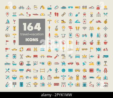 ensemble de 164 icônes isolées de vecteur de vacances de voyage. Symbole graphique pour la conception, le logo, l'application, l'interface utilisateur du site Web et des applications de voyage et de tourisme Banque D'Images