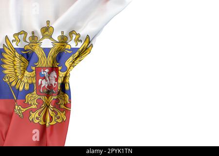 Drapeau de la Russie avec armoiries dans le coin sur fond blanc. 3D rendu. Isolé Banque D'Images