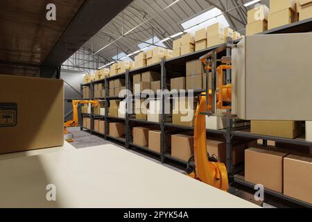 Entrepôt, robots automatiques, chargement et déchargement de boîtes et de marchandises, intelligence artificielle, logistique. Les robots trient et déplacent les boîtes. Banque D'Images